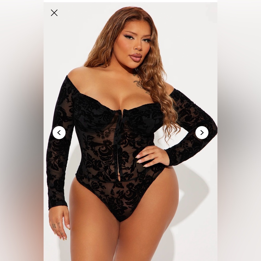 Fashion Nova Black Off-Shoulder Velvet Burnout Bodysuit